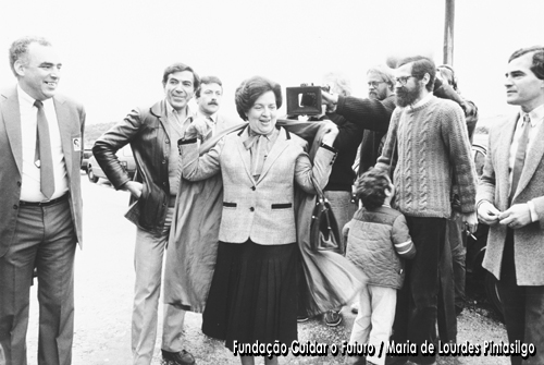 Maria de Lourdes Pintasilgo numa acção de pré-campanha para as eleições presidenciais de 1986