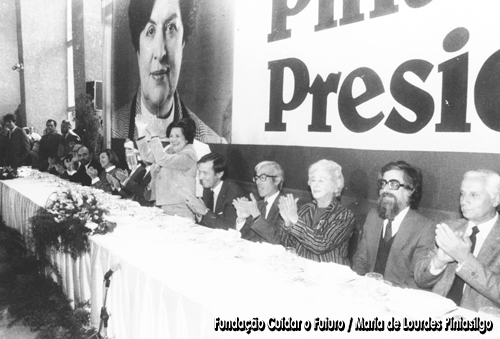 Maria de Lourdes Pintasilgo durante o almoço de apresentação do mandatário nacional e dos mandatários distritais da sua candidatura presidencial realizado na Estufa Fria, Lisboa